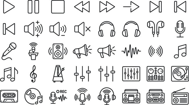 Digital audio and music player interface icon set with media controls volume settings microphones headphones and professional sound equipment line symbols microphone headphones