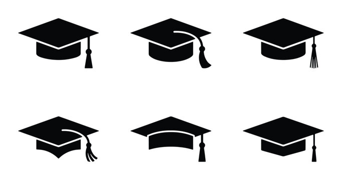 Graduation caps in black and white silhouette set on white background
