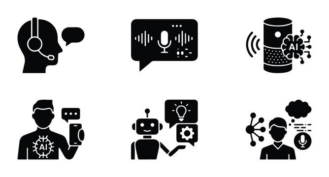 a collection of six ai-related vector icons featuring various communication and technological elements such as chatbots