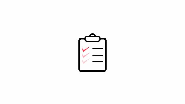Clipboard checklist animated outline icon on a white background.