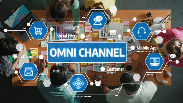 A dynamic work environment highlighting collaboration in omni channel strategies, merging customer interaction with various media elements for enhanced productivity and innovation. Amity