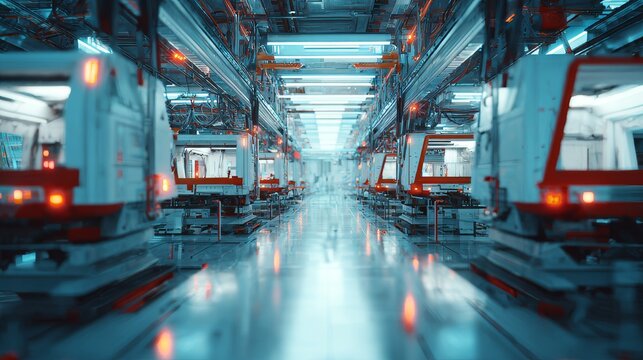 A futuristic, sterile factory interior featuring multiple automated machines in rows. Gleaming surfaces and red/blue lighting dominate