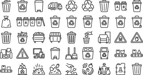Fototapeta premium Set of hand-drawn waste management recycling environment outline icons for sustainability concepts environmental protection recycling environment pollution separation