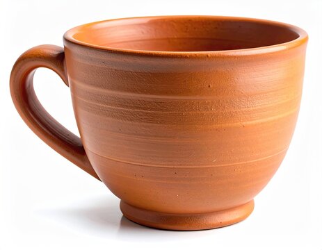 A rustic, unglazed terracotta mug with a simple handle, isolated on white