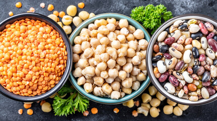 Overhead view of three bowls filled with assorted healthy dried legumes like lentils chickpeas