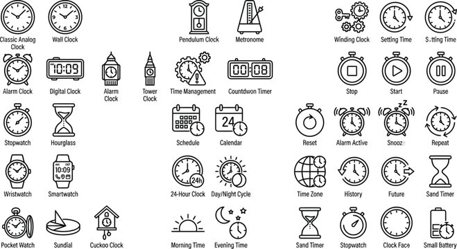Set of time and clock line icons representing various measurement devices and schedule planning tools with stopwatch hourglass calendar schedule management duration