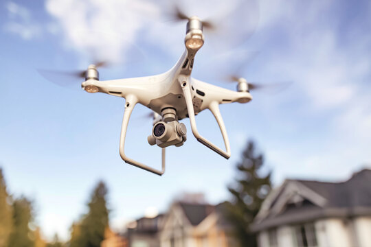 white quadcopter drone flying over suburban neighborhood with camera for aerial footage and real estate filming