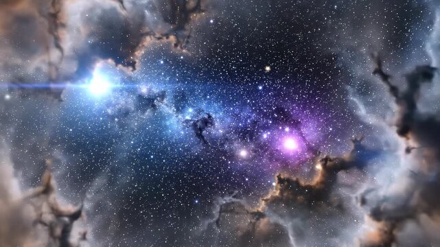 Vast cosmic nebula with glowing stars and interstellar clouds in deep space