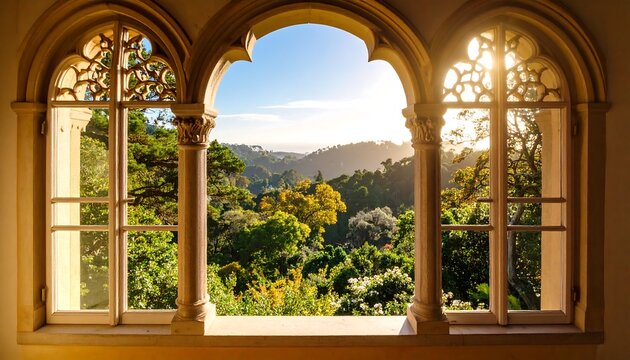 Three arched windows frame a sunlit landscape of vibrant trees and hills. The ornate window frames add architectural interest