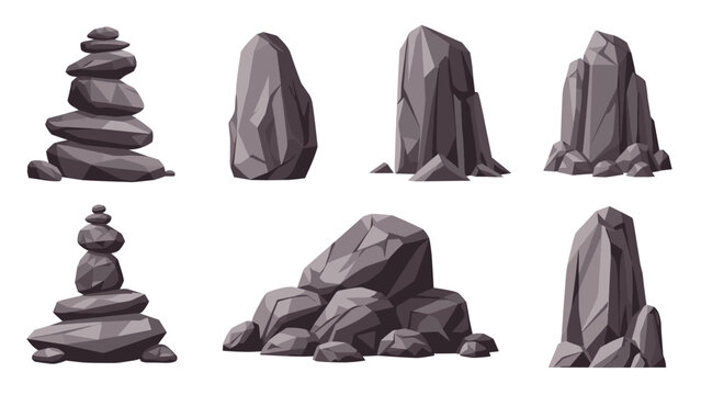 Set of gray rock formations, stone stacks, and boulders in various shapes and sizes offers a versatile collection for landscape design.