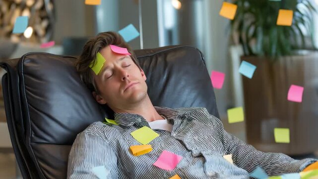 A young man naps in a chair while colorful sticky notes fall around him, symbolizing overload