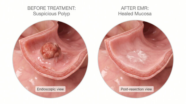 Endoscopic View of Colon Polyp Before and After EMR Treatment