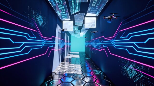 Futuristic corridor with drones and neon lights