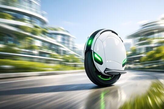 This high quality digital artwork showcases a futuristic monowheel speeding down a street. Highly suitable for dynamic advertising marketing materials and creative web projects.