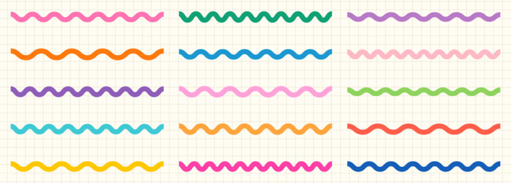  Colorful wavy squiggly vector lines set, cute rainbow wiggly border dividers for kids school worksheets, digital planning and scrapbook design