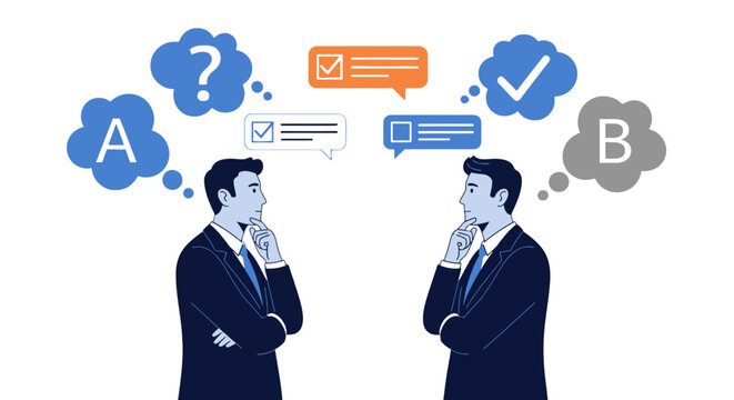 Business decision making concept with two businessmen, A/B testing and choice comparison vector, professional problem solving and strategic thinking