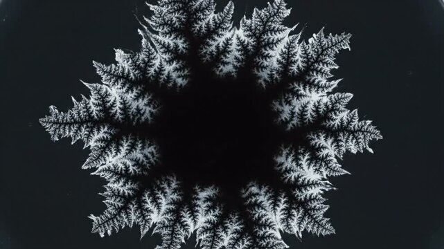 Abstract dark fractal pattern with intricate white crystalline edges forming a starburst shape on a textured grey background, high detail