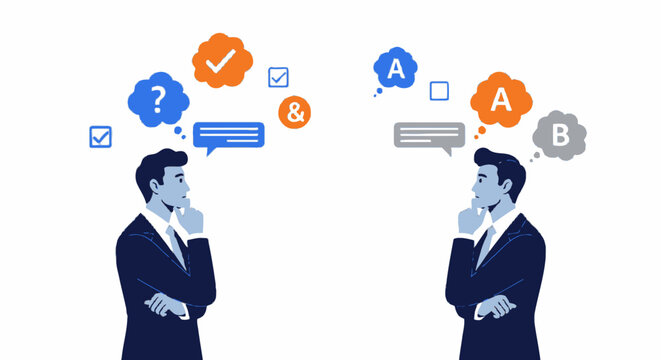 Business decision making concept with two businessmen, professional men thinking and comparing options, flat vector illustration of corporate analysis