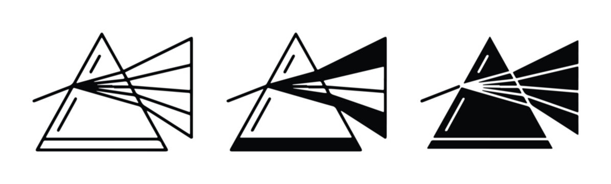 black and white vector icons of three different styles showing light beams emanating from triangles