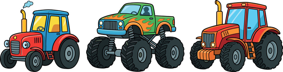 Tractor and Monster Truck Icon Set with Red, Green, and Orange Vehicles Featuring Big Wheels for Farm, Construction, and Off-Road Adventure Designs © MdRaisul