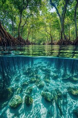 Fototapeta premium Split-level view of mangrove forest and underwater roots