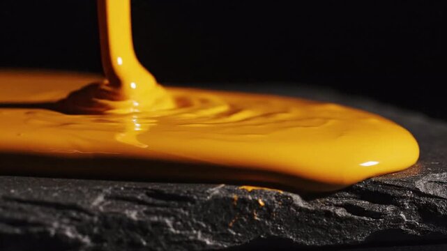 Thick ochre paint flowing onto a textured dark surface, abstract motion and texture, dark background