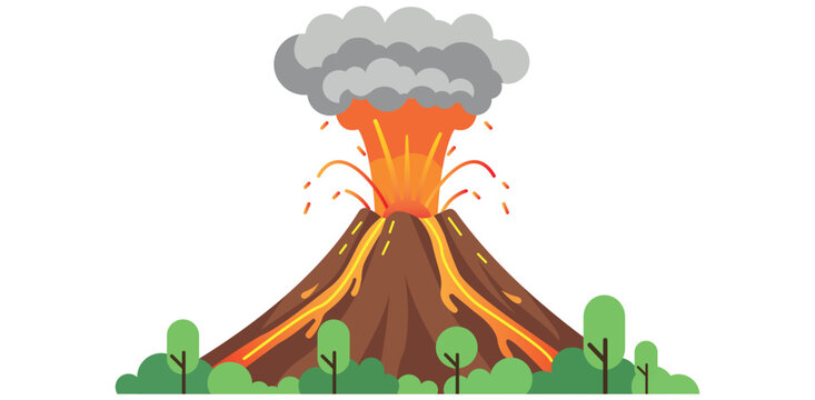 Volcanic Eruption with Lava Flow and Ash Cloud Natural Disaster Concept Vector Illustration