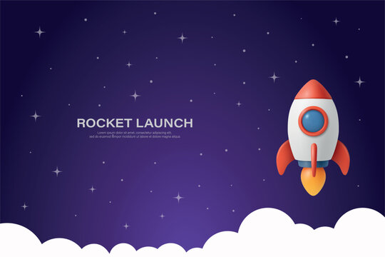 Vector Rocket Launch in Night Sky. Cartoon Rocket with Flame Above Clouds and Stars. Space Rocket Vector Illustration for Startup, Space Travel, Mission, Exploration, Success Concept