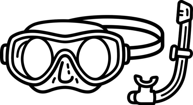 An intricate black line art vector image of a professional scuba diving mask and snorkel set used for underwater swimming and exploring oceans.