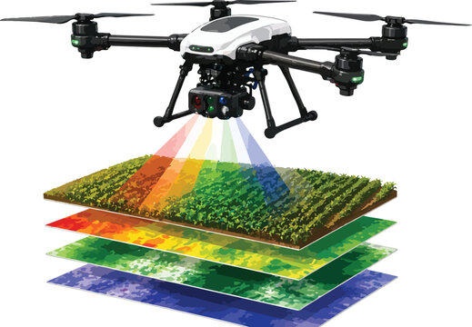 Drone surveying a layered agricultural field with spectral data