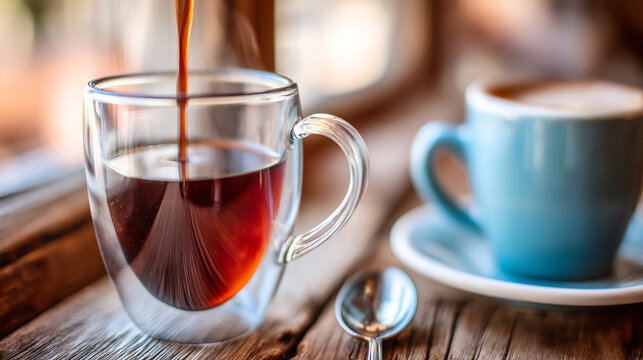 Freshly brewed coffee poured into a double-walled glass mug, with a second cup and spoon nearby