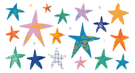 Obraz premium Hand-drawn collection of vivid stars with various textures and doodle patterns. Playful set of starry shapes with scribbles, dots and lines for nursery decor, children's branding, scrapbooking and cre
