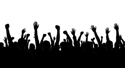 Fototapeta premium Crowd silhouette with raised hands, cheering people at concert or sports event, black audience silhouettes for protest or celebration