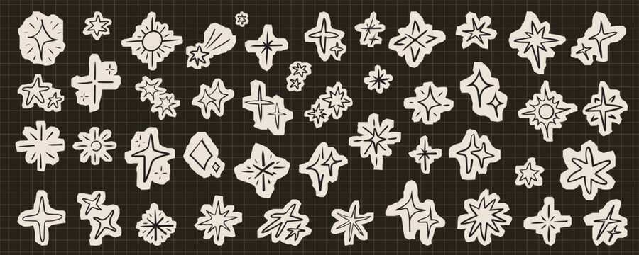 Collection of hand-drawn doodle stars and sparkles in paper cutout style. Playful set of magic twinkling shapes with white outlines for scrapbooking, stickers and creative stationery design.