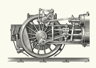Steam locomotive wheel and connecting rod mechanism in vintage engineering style. Hand drawn vintage engraved, vector illustration. © Otpirus