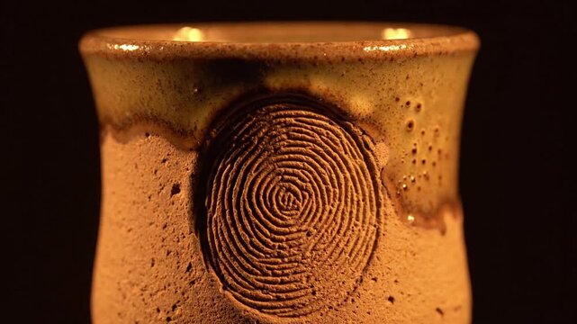 close up of a ceramic mug with a fingerprint texture imprinted on its rough surface, showing artistic craftsmanship