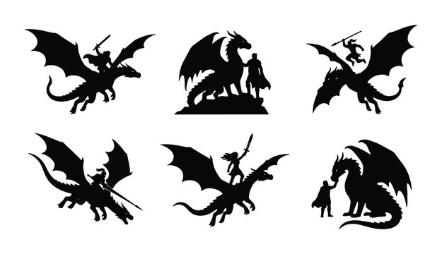 dragon and knight silhouettes in various poses on white background