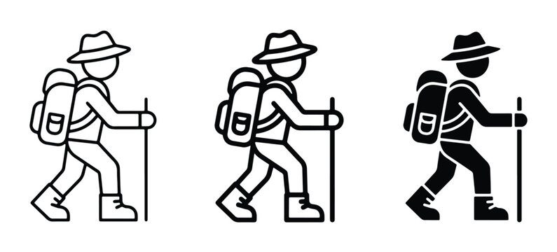 three hikers with backpacks and walking sticks in vector illustration style