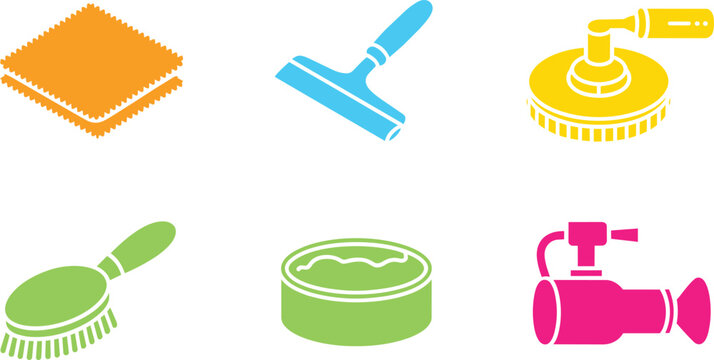 Cleaning and household items colorful icons set including squeegee brush cloth and a video camera