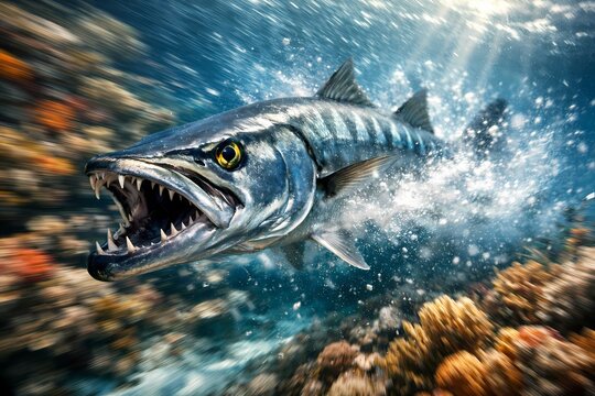 This high quality digital artwork showcases a barracuda swimming aggressively deep underwater. Highly suitable for dynamic advertising marketing materials and creative web projects.