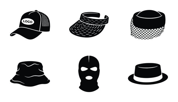 black and white vector set of six hats including bucket cap visor fisherman's hat balaclava mask fedora and derby hat