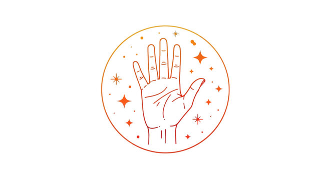 Mystical palmistry hand vector illustration, celestial palm reading icon with stars, esoteric orange gradient hand line art in circle