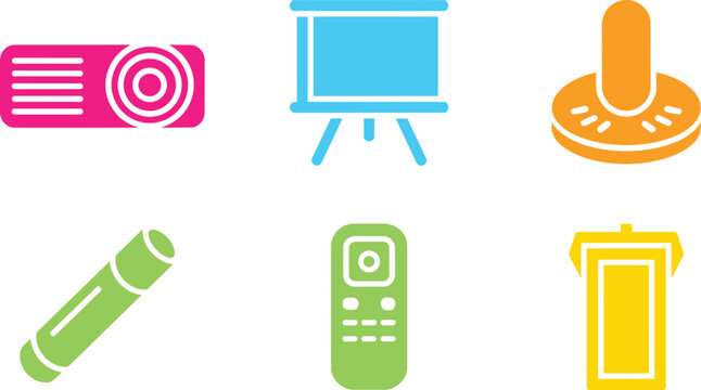 Presentation equipment icons set with projector screen podium and microphone flat style for offices