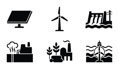 solar panel wind turbine hydroelectric dam industrial plant agricultural crops offshore wind farm © Promi