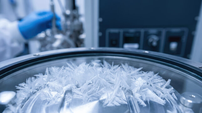 R&D Engineer, Frozen frost crystal patterns form on metal surface in cold scientific laboratory