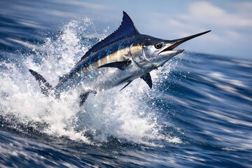 Fototapeta premium This high quality digital artwork showcases a marlin jumping high out of the ocean waves. Highly suitable for dynamic advertising marketing materials and creative web projects.