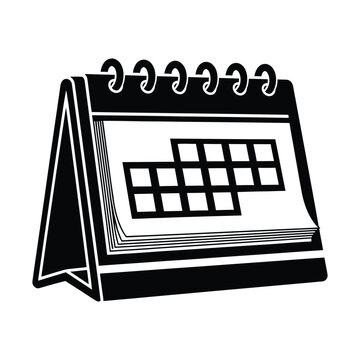 A black and white vector illustration of a desk calendar with spiral binding and blank date grids.