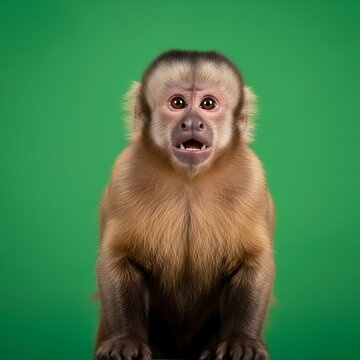 Surprised Capuchin Monkey Portrait on Green Background.