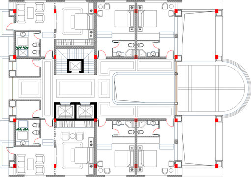 Vector design sketch illustration of a typical multi-storey building construction, hotel, apartment, and interior plan 