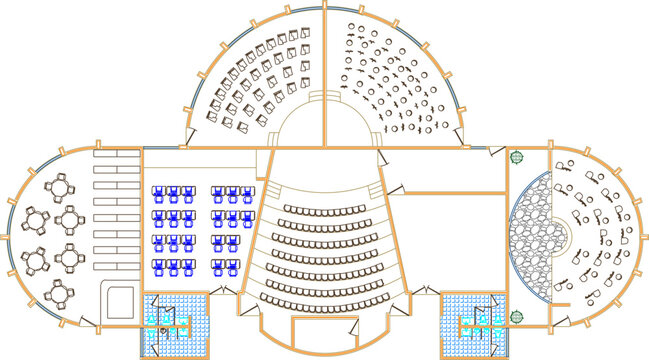 Vector design sketch illustration of silhouette of cultural center building construction, floor plan, elevation and section